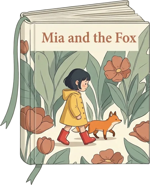 A printed hardcover copy of the sample book “Mia and the Fox”